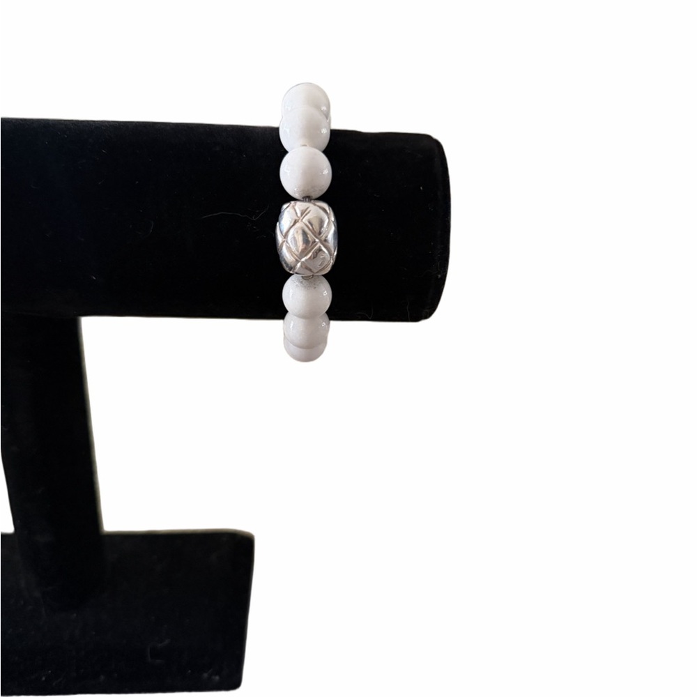 White Beaded Stretch Bracelet w/ Silver Accent Bead | Minimalist